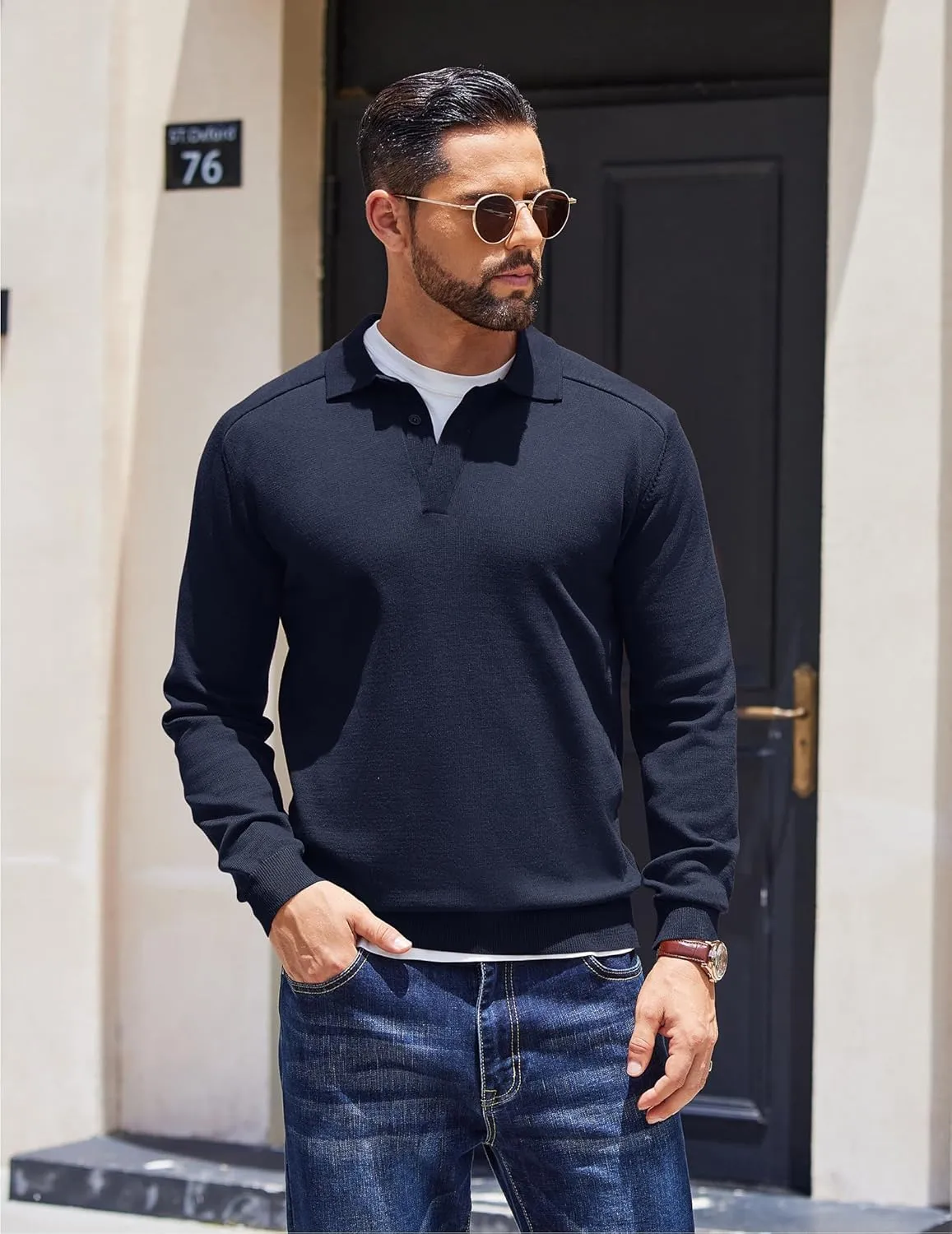 COOFANDY Mens Knit Polo Sweater Long Sleeve Collared Polo Hidden Button Casual Pullover Sweaters