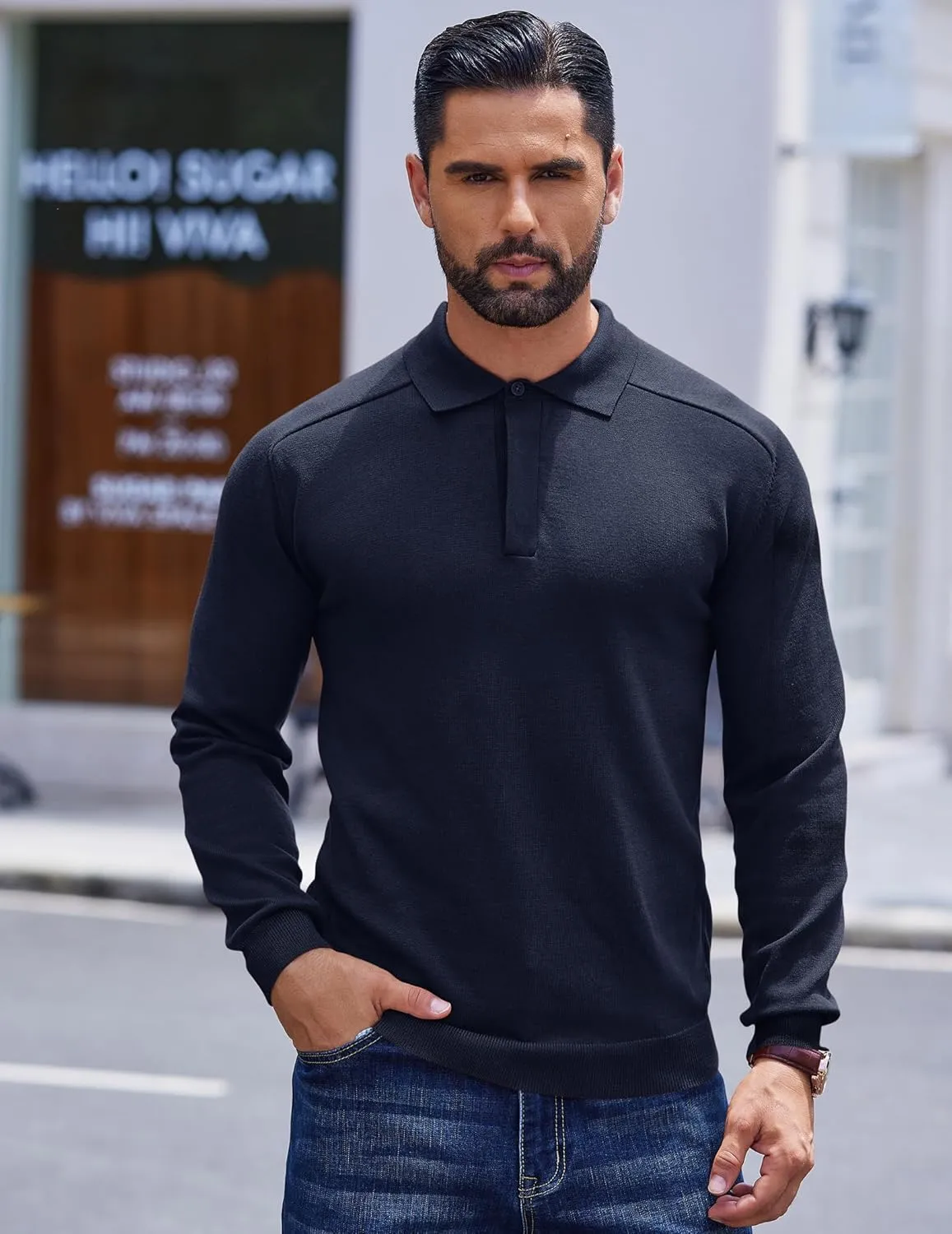 COOFANDY Mens Knit Polo Sweater Long Sleeve Collared Polo Hidden Button Casual Pullover Sweaters