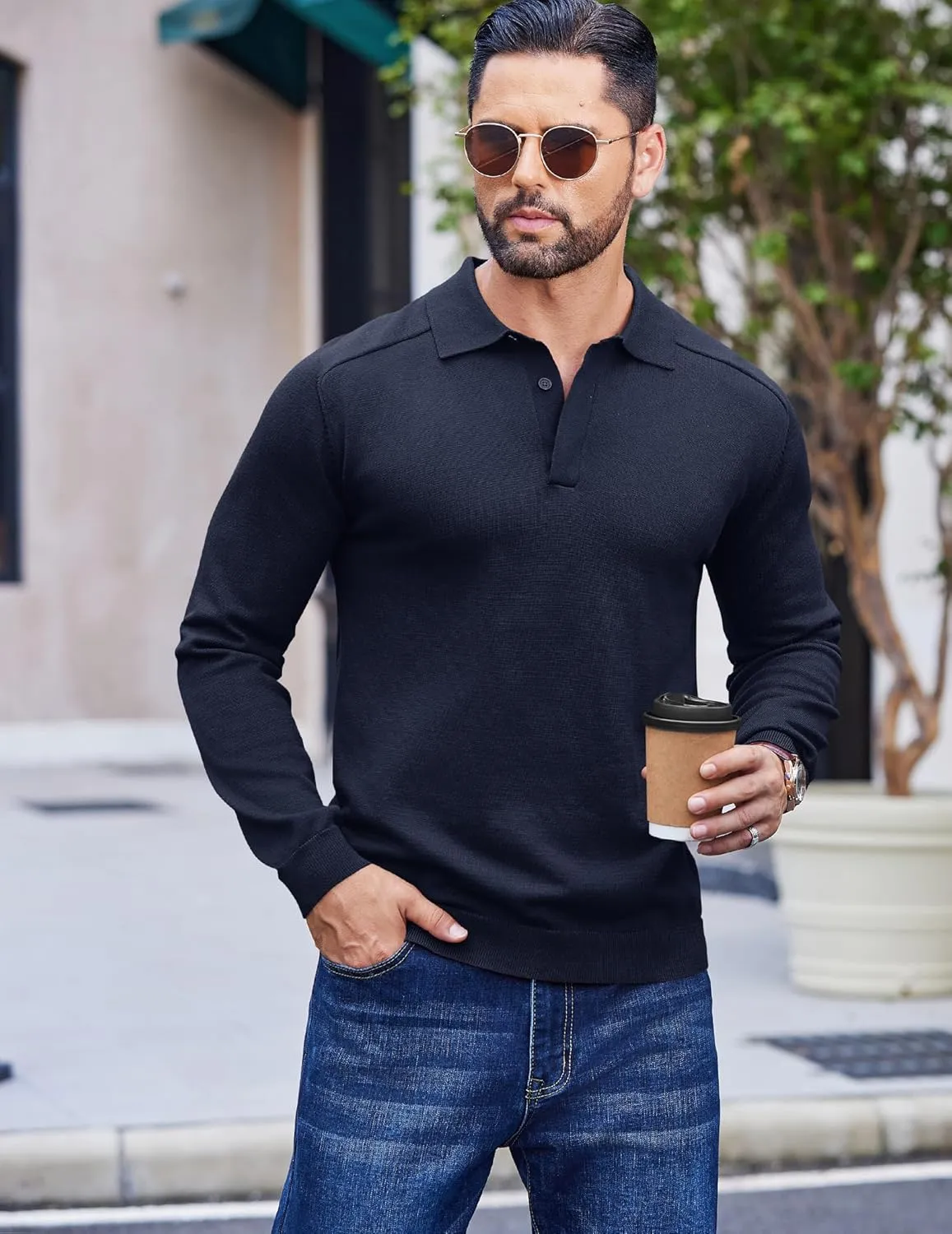COOFANDY Mens Knit Polo Sweater Long Sleeve Collared Polo Hidden Button Casual Pullover Sweaters