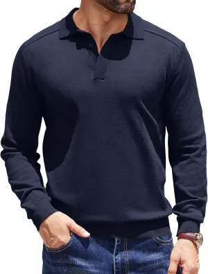 COOFANDY Mens Knit Polo Sweater Long Sleeve Collared Polo Hidden Button Casual Pullover Sweaters
