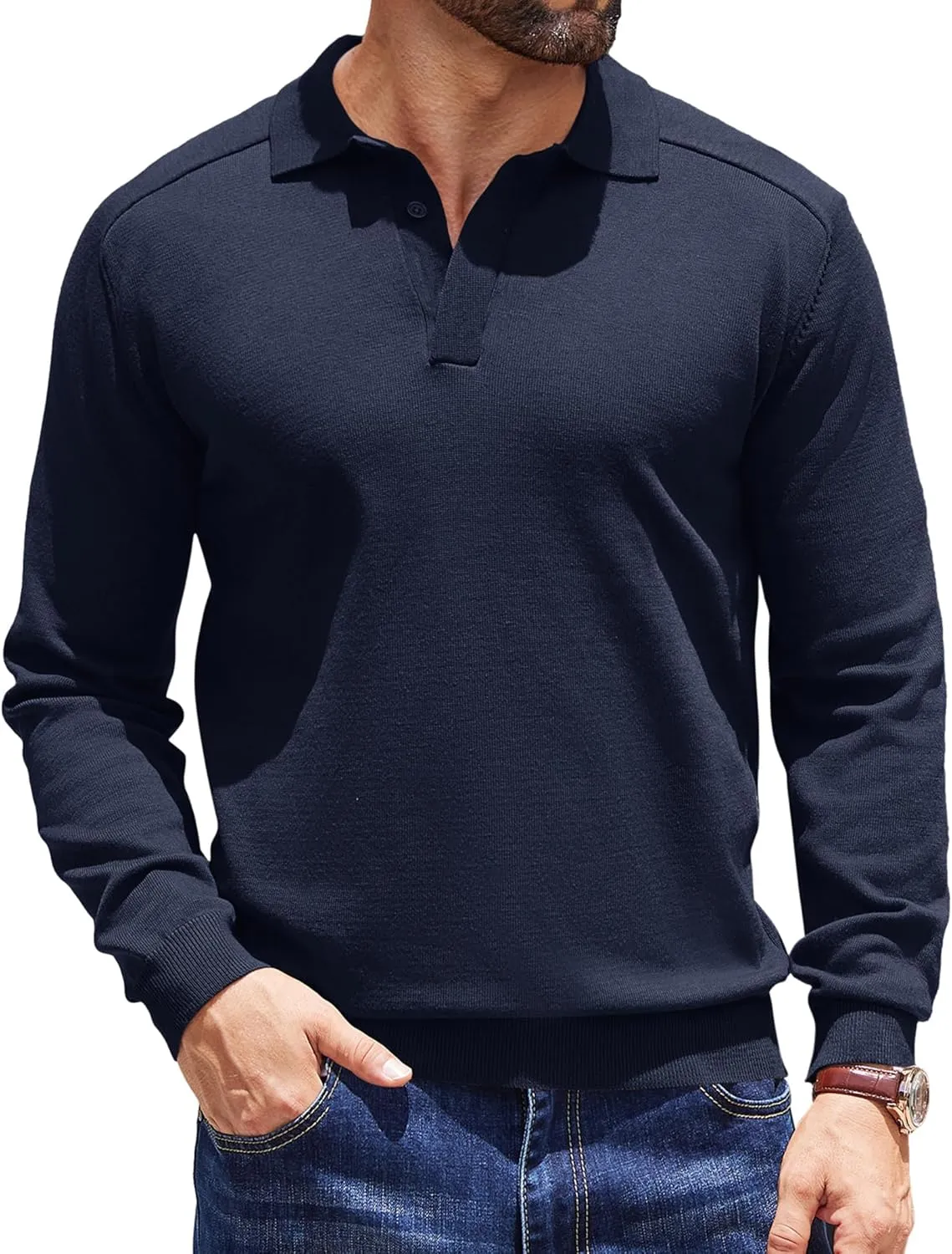 COOFANDY Mens Knit Polo Sweater Long Sleeve Collared Polo Hidden Button Casual Pullover Sweaters