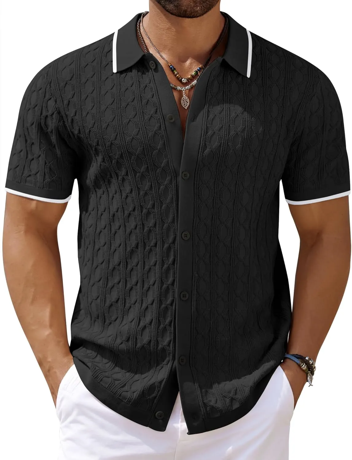 COOFANDY Men's Knit Short Sleeve Shirts Button Down Vintage Knitted Polo Shirt Casual Beach Crochet Cable Vacation Shirt