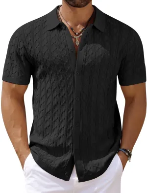COOFANDY Men's Knit Short Sleeve Shirts Button Down Vintage Knitted Polo Shirt Casual Beach Crochet Cable Vacation Shirt
