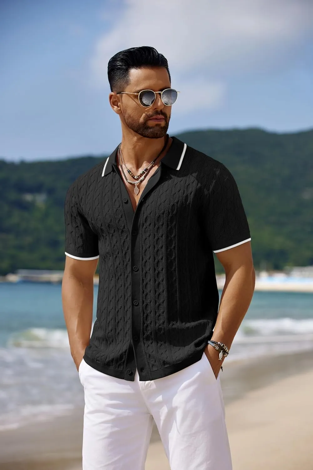 COOFANDY Men's Knit Short Sleeve Shirts Button Down Vintage Knitted Polo Shirt Casual Beach Crochet Cable Vacation Shirt