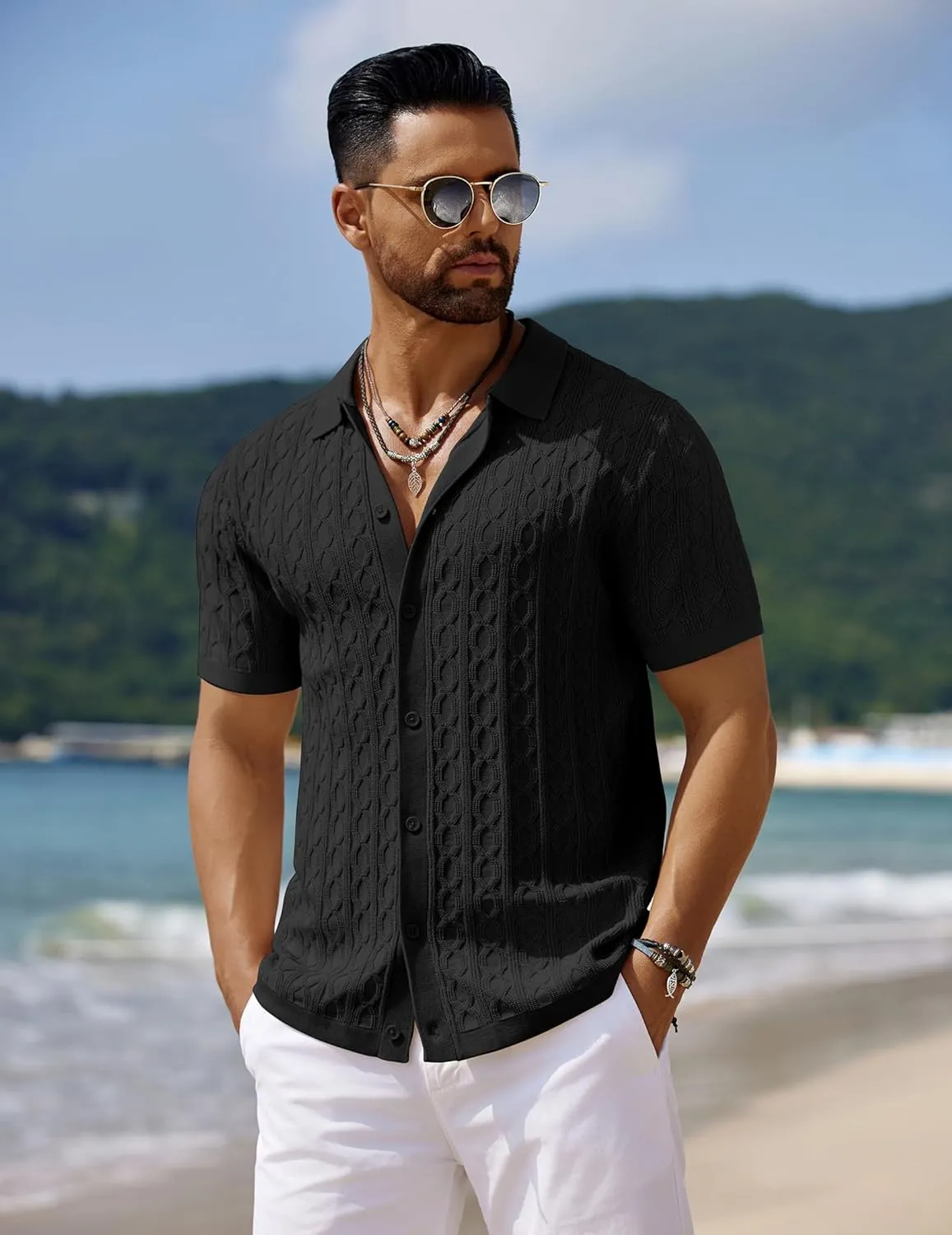COOFANDY Men's Knit Short Sleeve Shirts Button Down Vintage Knitted Polo Shirt Casual Beach Crochet Cable Vacation Shirt