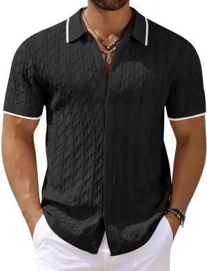 COOFANDY Men's Knit Short Sleeve Shirts Button Down Vintage Knitted Polo Shirt Casual Beach Crochet Cable Vacation Shirt