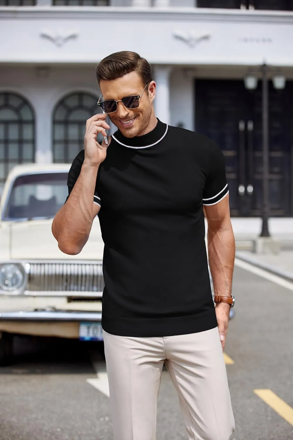 COOFANDY Mens Mock Turtleneck Sweater Short Sleeve Casual Dress Sweater Slim Fit Pullover Basic Knit Tee