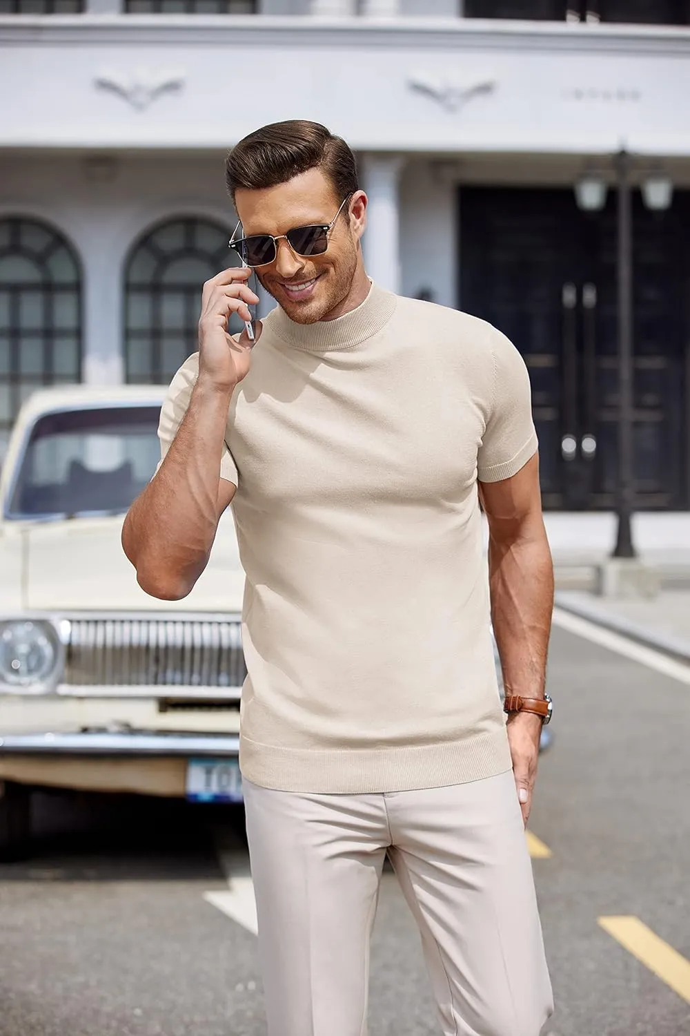 COOFANDY Mens Mock Turtleneck Sweater Short Sleeve Casual Dress Sweater Slim Fit Pullover Basic Knit Tee