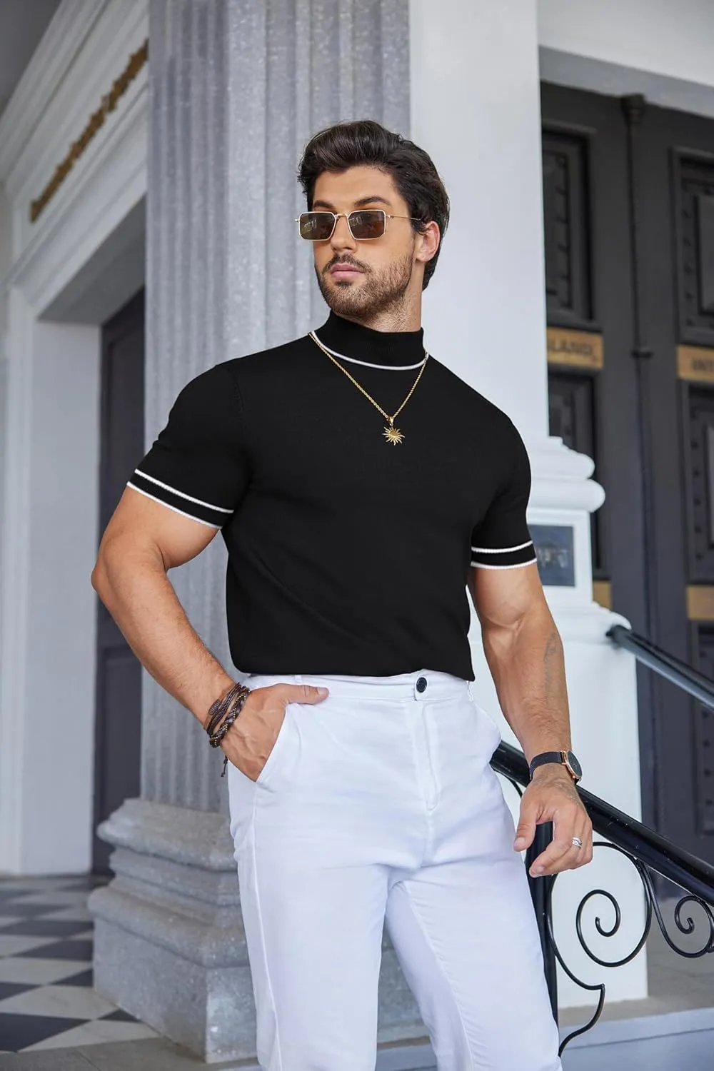 COOFANDY Mens Mock Turtleneck Sweater Short Sleeve Casual Dress Sweater Slim Fit Pullover Basic Knit Tee