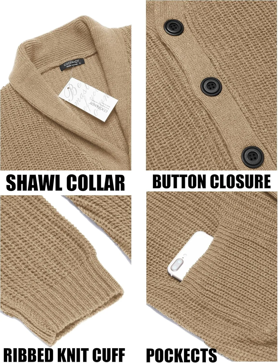 COOFANDY Men's Shawl Collar Cardigan Sweater Slim Fit Cable Knit Button up Sweater with Pockets