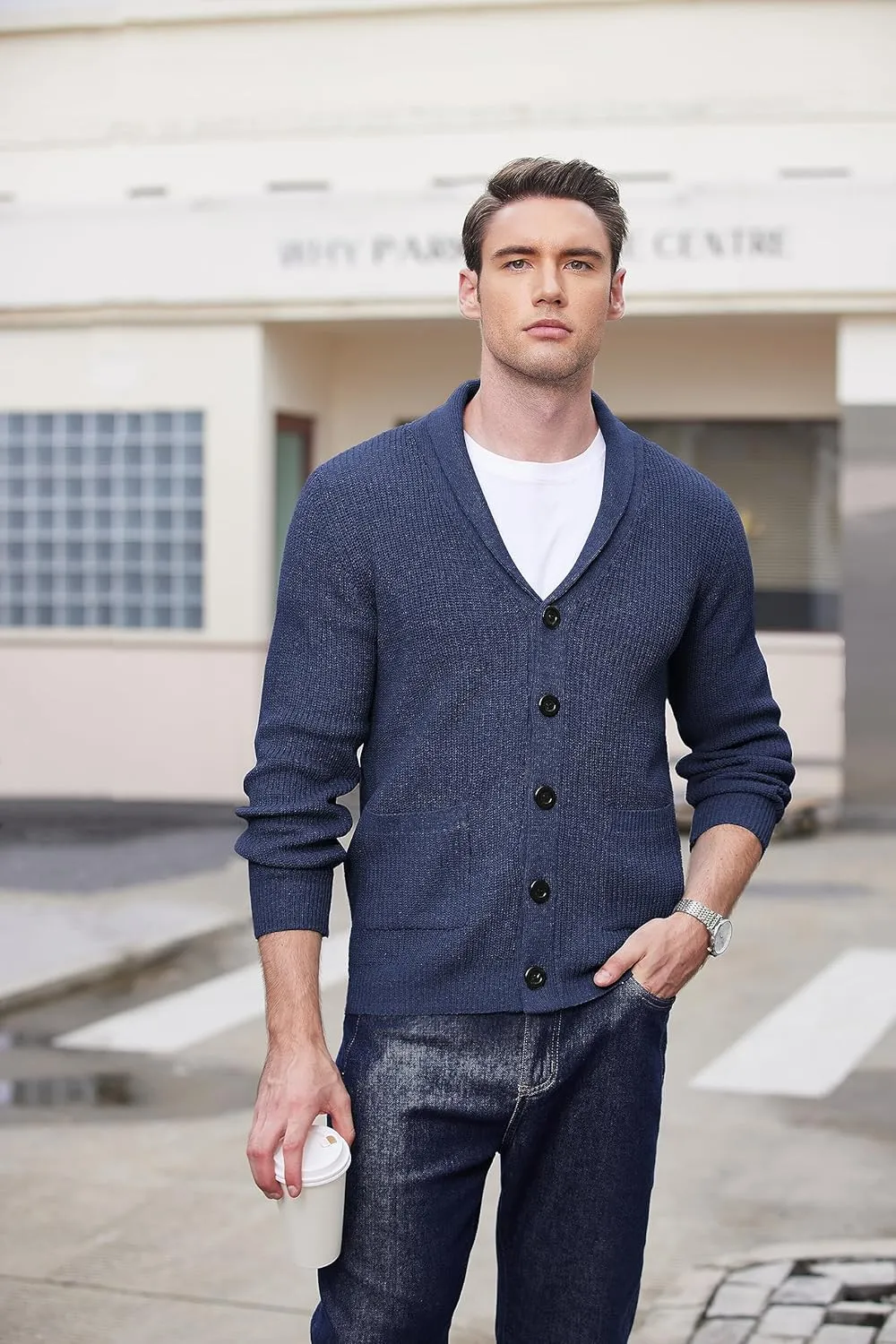 COOFANDY Men's Shawl Collar Cardigan Sweater Slim Fit Cable Knit Button up Sweater with Pockets