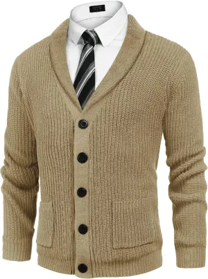 COOFANDY Men's Shawl Collar Cardigan Sweater Slim Fit Cable Knit Button up Sweater with Pockets