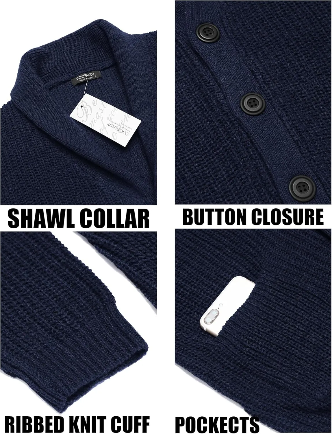 COOFANDY Men's Shawl Collar Cardigan Sweater Slim Fit Cable Knit Button up Sweater with Pockets