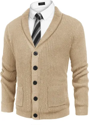 COOFANDY Men's Shawl Collar Cardigan Sweater Slim Fit Cable Knit Button up Sweater with Pockets