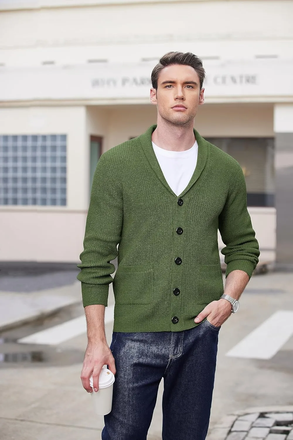 COOFANDY Men's Shawl Collar Cardigan Sweater Slim Fit Cable Knit Button up Sweater with Pockets