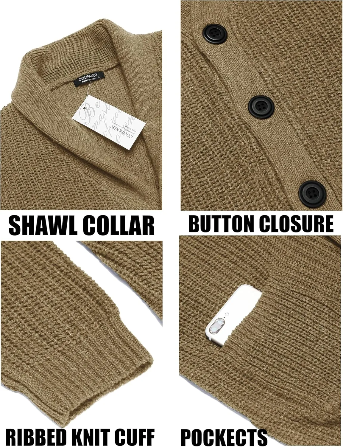 COOFANDY Men's Shawl Collar Cardigan Sweater Slim Fit Cable Knit Button up Sweater with Pockets