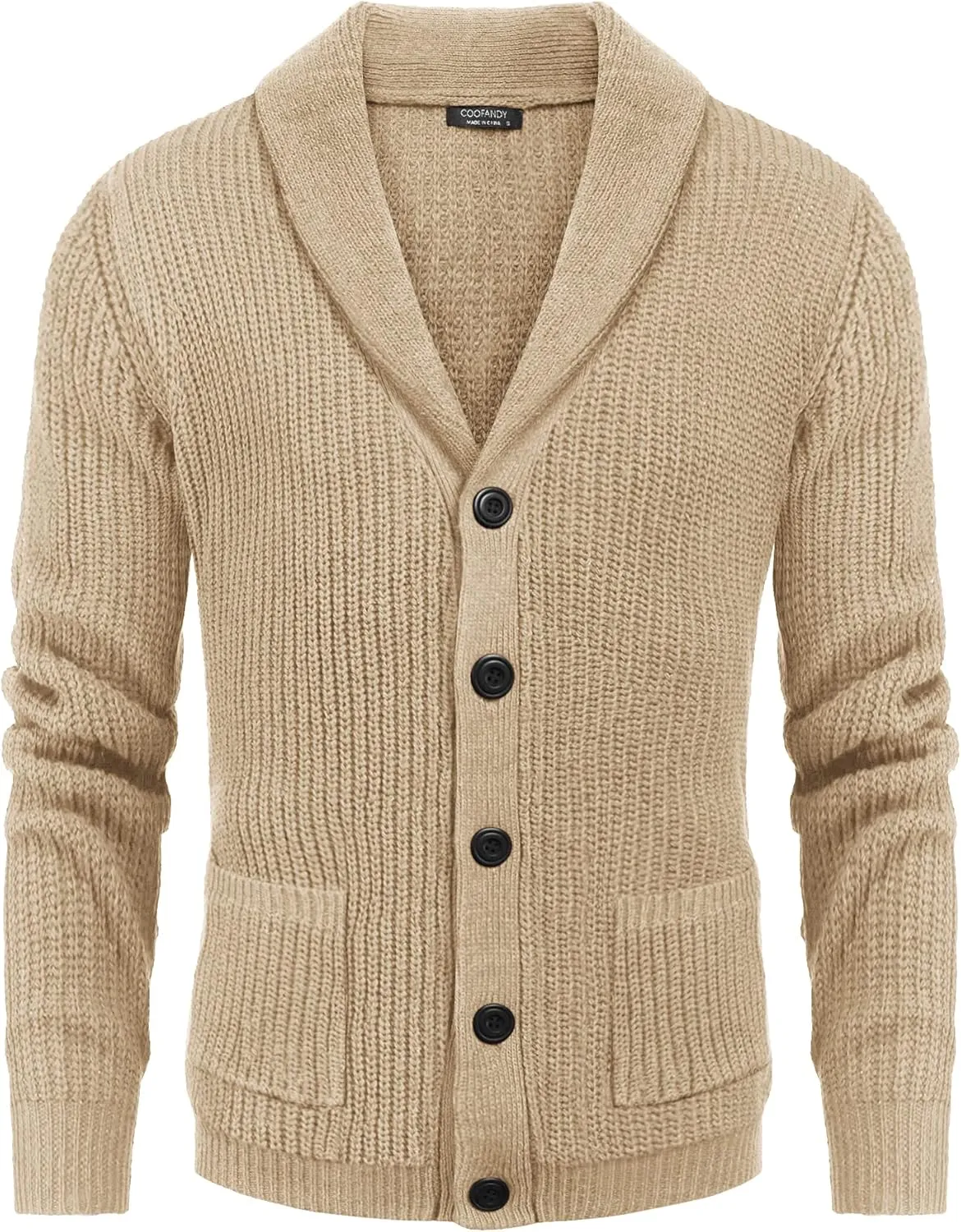 COOFANDY Men's Shawl Collar Cardigan Sweater Slim Fit Cable Knit Button up Sweater with Pockets
