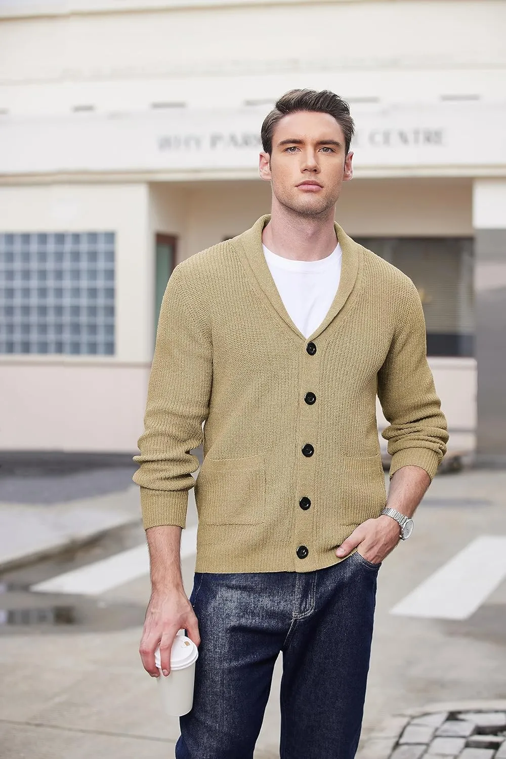 COOFANDY Men's Shawl Collar Cardigan Sweater Slim Fit Cable Knit Button up Sweater with Pockets