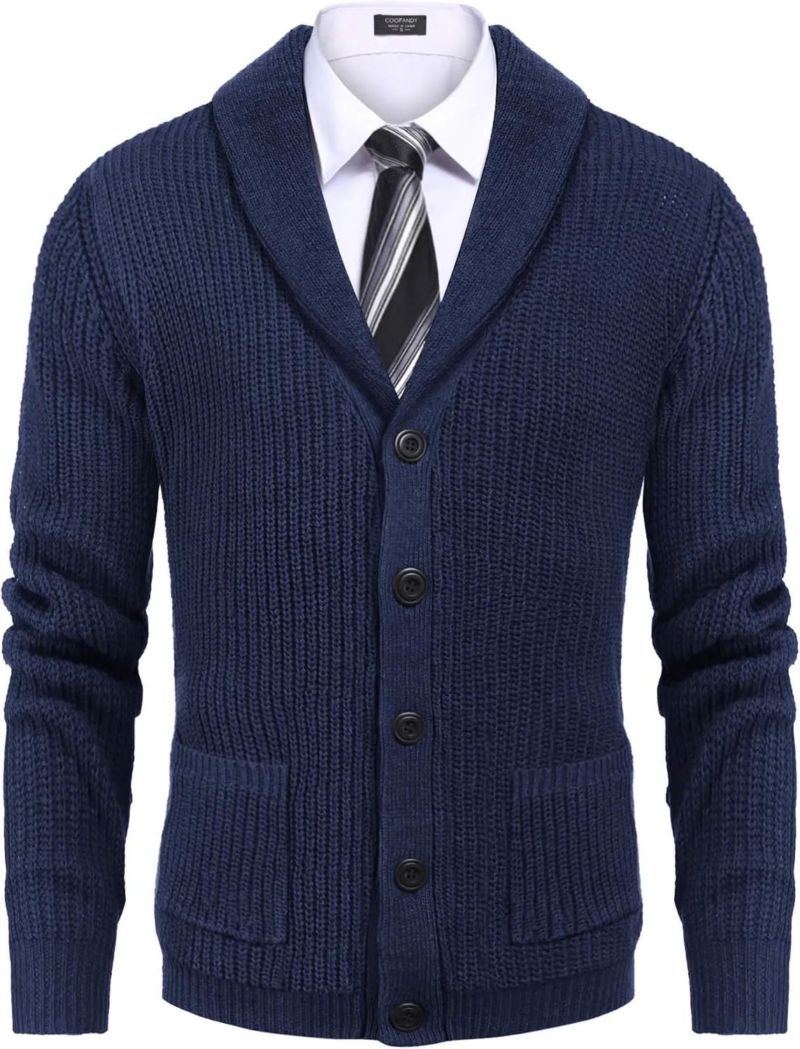 COOFANDY Men's Shawl Collar Cardigan Sweater Slim Fit Cable Knit Button up Sweater with Pockets