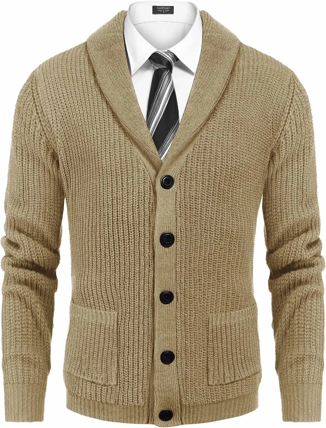 COOFANDY Men's Shawl Collar Cardigan Sweater Slim Fit Cable Knit Button up Sweater with Pockets