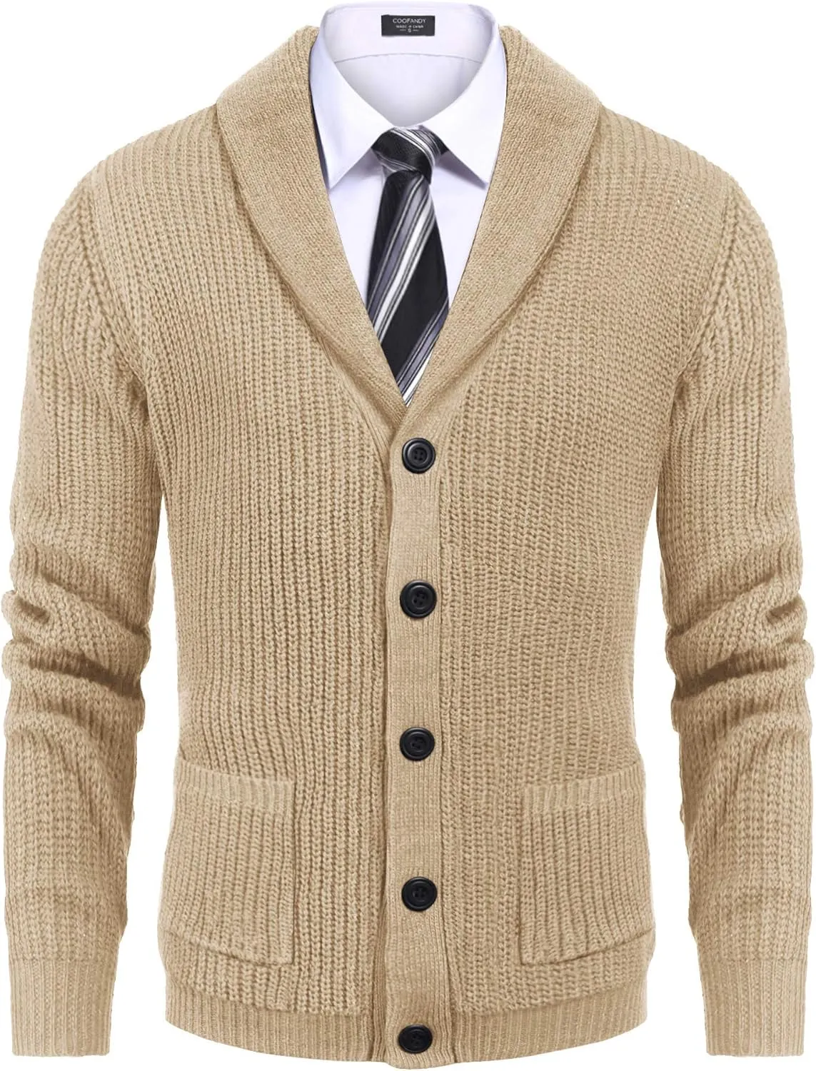 COOFANDY Men's Shawl Collar Cardigan Sweater Slim Fit Cable Knit Button up Sweater with Pockets