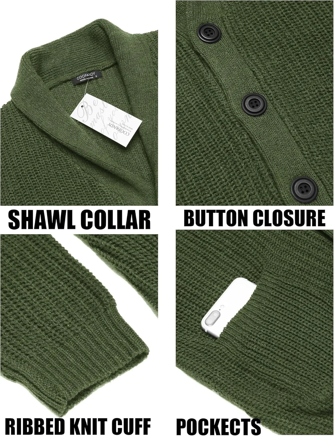 COOFANDY Men's Shawl Collar Cardigan Sweater Slim Fit Cable Knit Button up Sweater with Pockets
