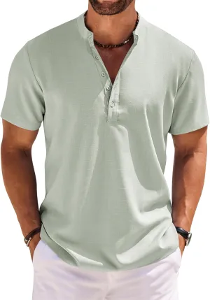 COOFANDY Men's Short Sleeve Henley Shirts Casual Collarless Shirt Band Collar Henley Summer Beach Henley T-Shirt
