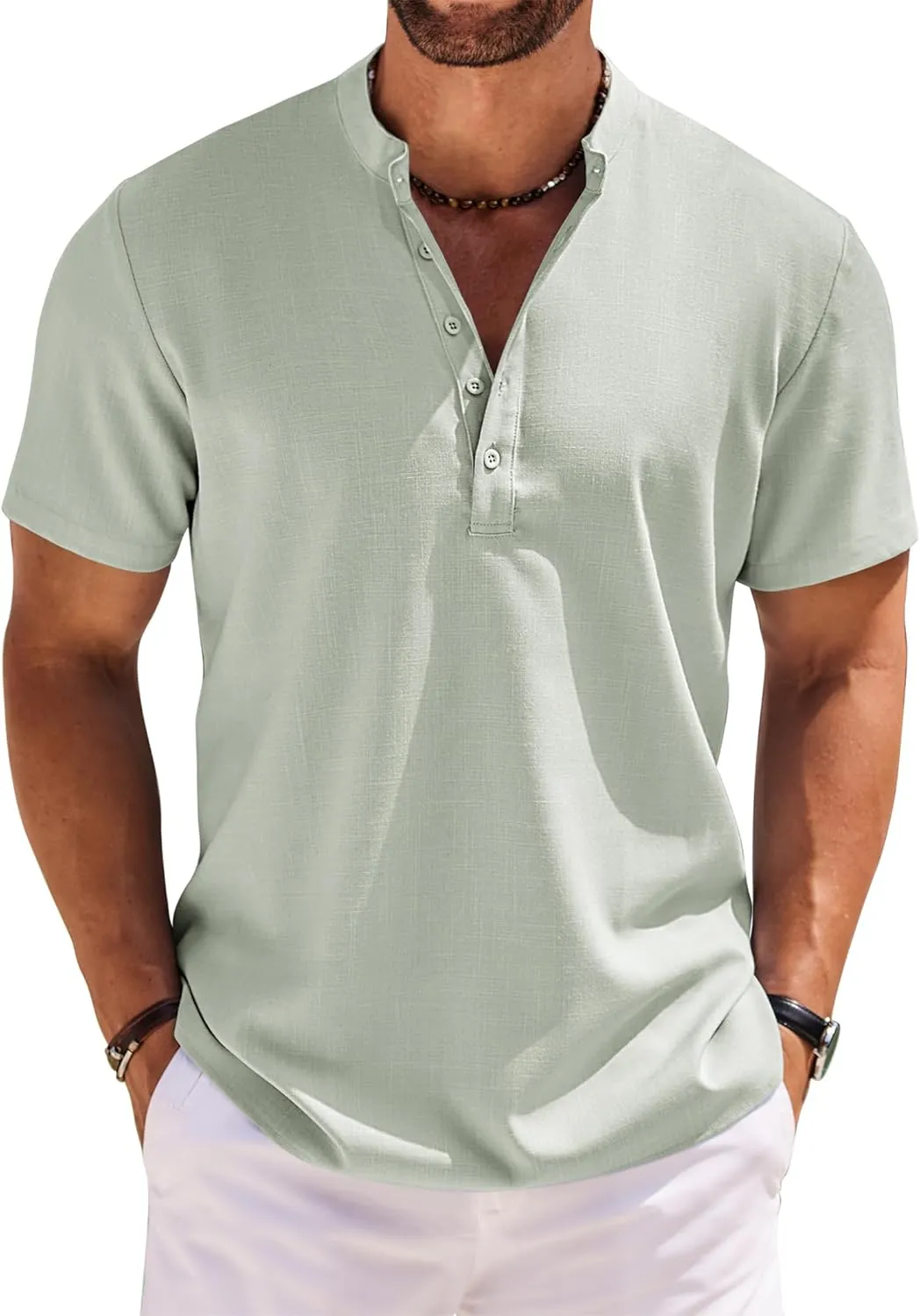 COOFANDY Men's Short Sleeve Henley Shirts Casual Collarless Shirt Band Collar Henley Summer Beach Henley T-Shirt