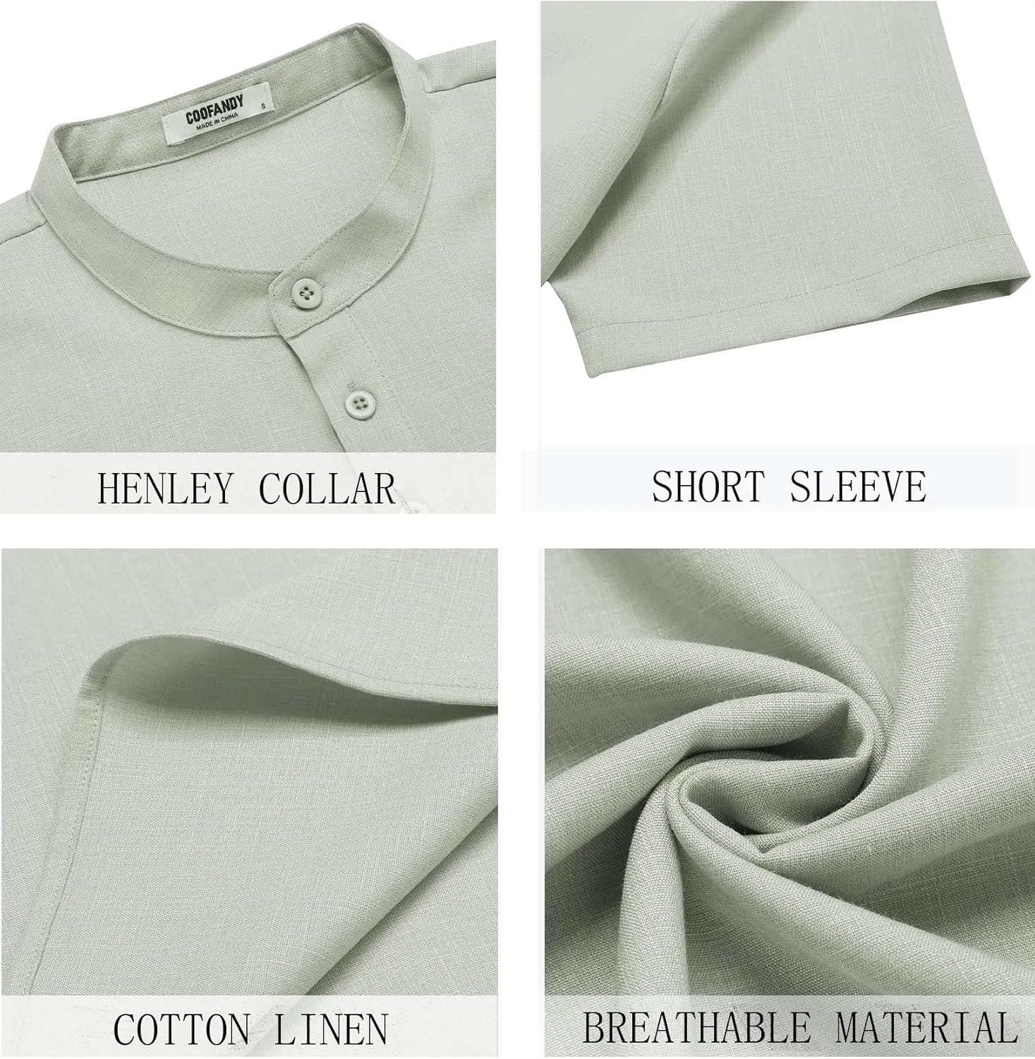 COOFANDY Men's Short Sleeve Henley Shirts Casual Collarless Shirt Band Collar Henley Summer Beach Henley T-Shirt