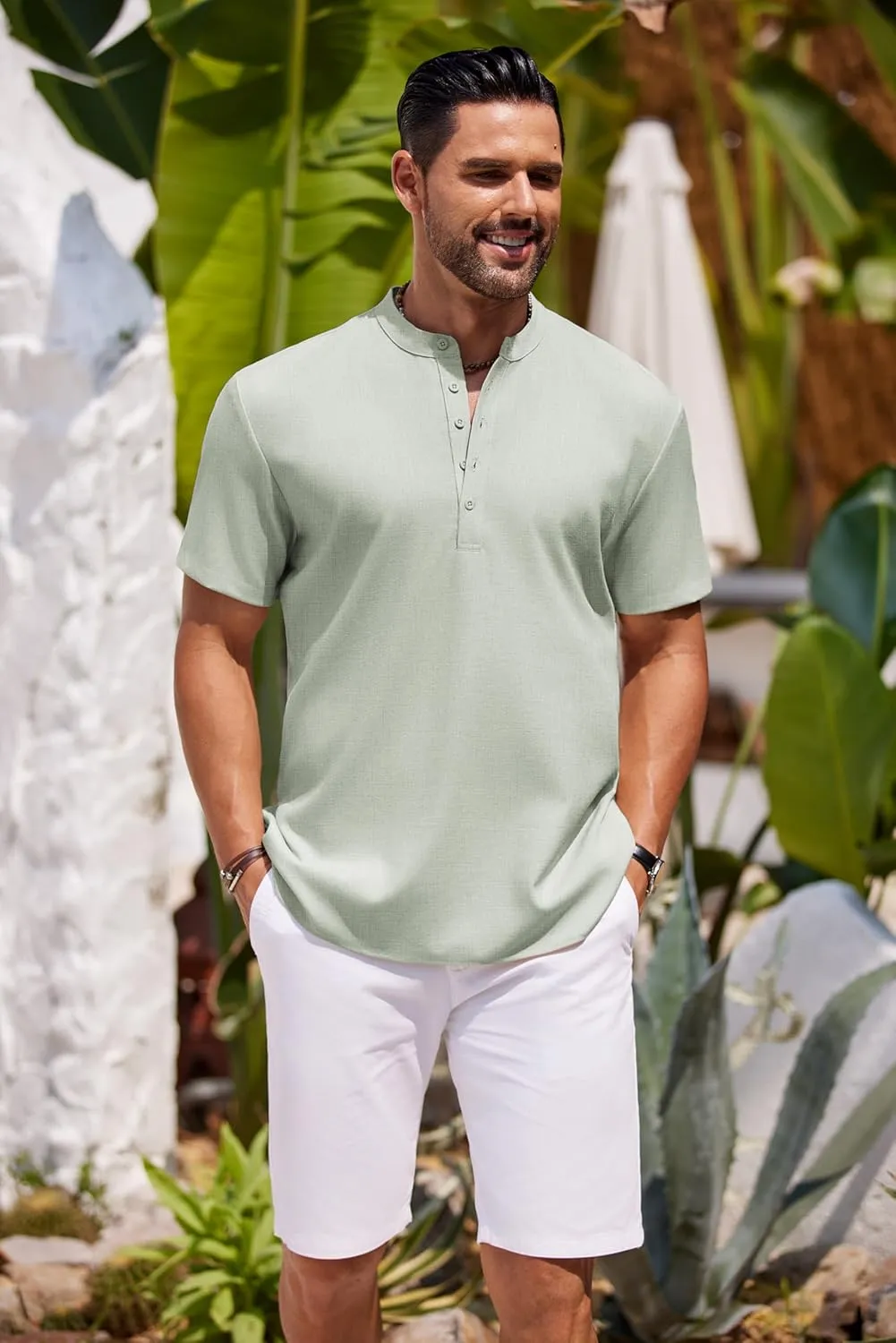 COOFANDY Men's Short Sleeve Henley Shirts Casual Collarless Shirt Band Collar Henley Summer Beach Henley T-Shirt