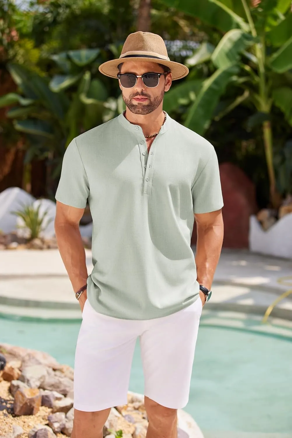 COOFANDY Men's Short Sleeve Henley Shirts Casual Collarless Shirt Band Collar Henley Summer Beach Henley T-Shirt