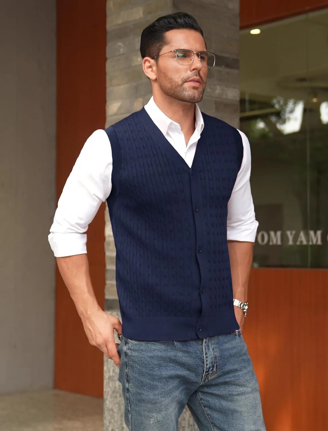 COOFANDY Men's Sleeveless Sweater Vest V-Neck Casual Cable Knit Button Down Cardigan Vest