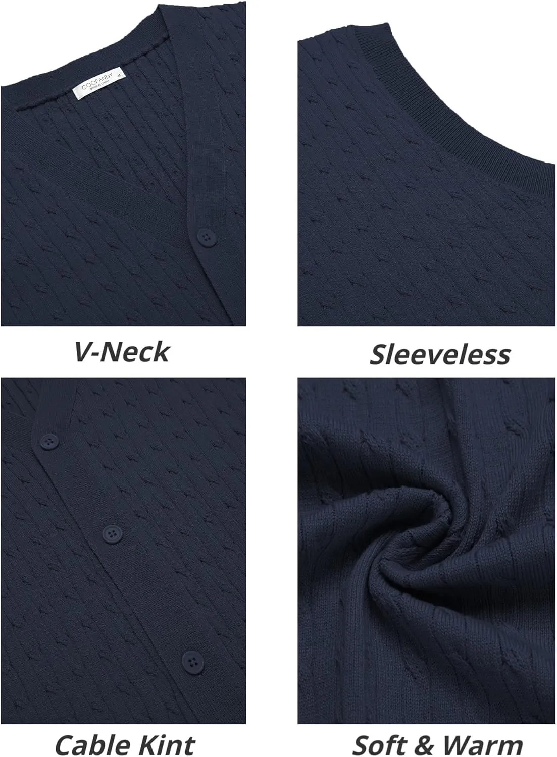 COOFANDY Men's Sleeveless Sweater Vest V-Neck Casual Cable Knit Button Down Cardigan Vest