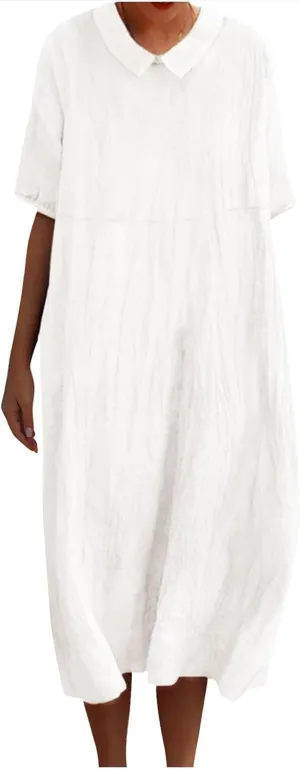 Cotton Linen Long Dress for Women Lapel Neck Short Sleeve Midi Dress Plus Size Maxi Dresses Beach Vacation Sundresses