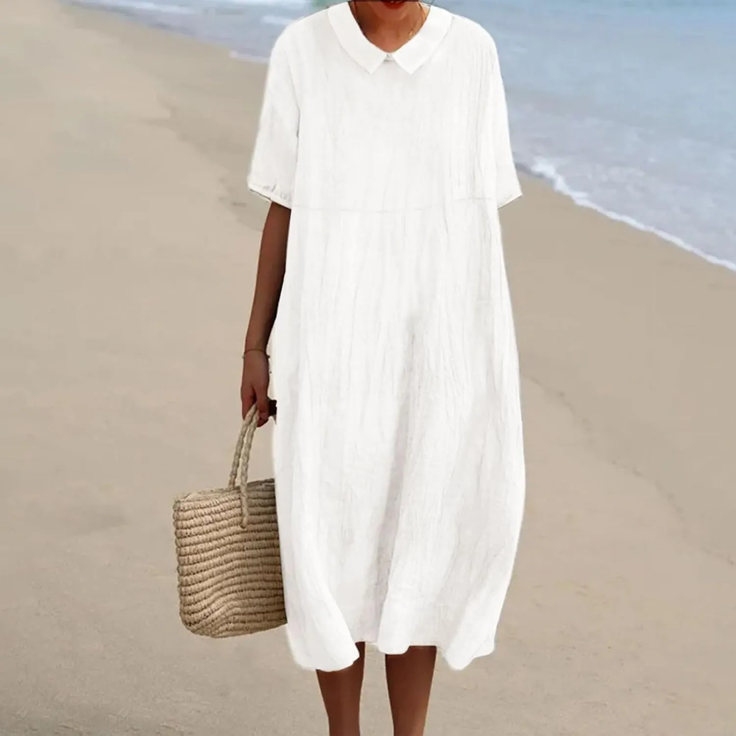Cotton Linen Long Dress for Women Lapel Neck Short Sleeve Midi Dress Plus Size Maxi Dresses Beach Vacation Sundresses