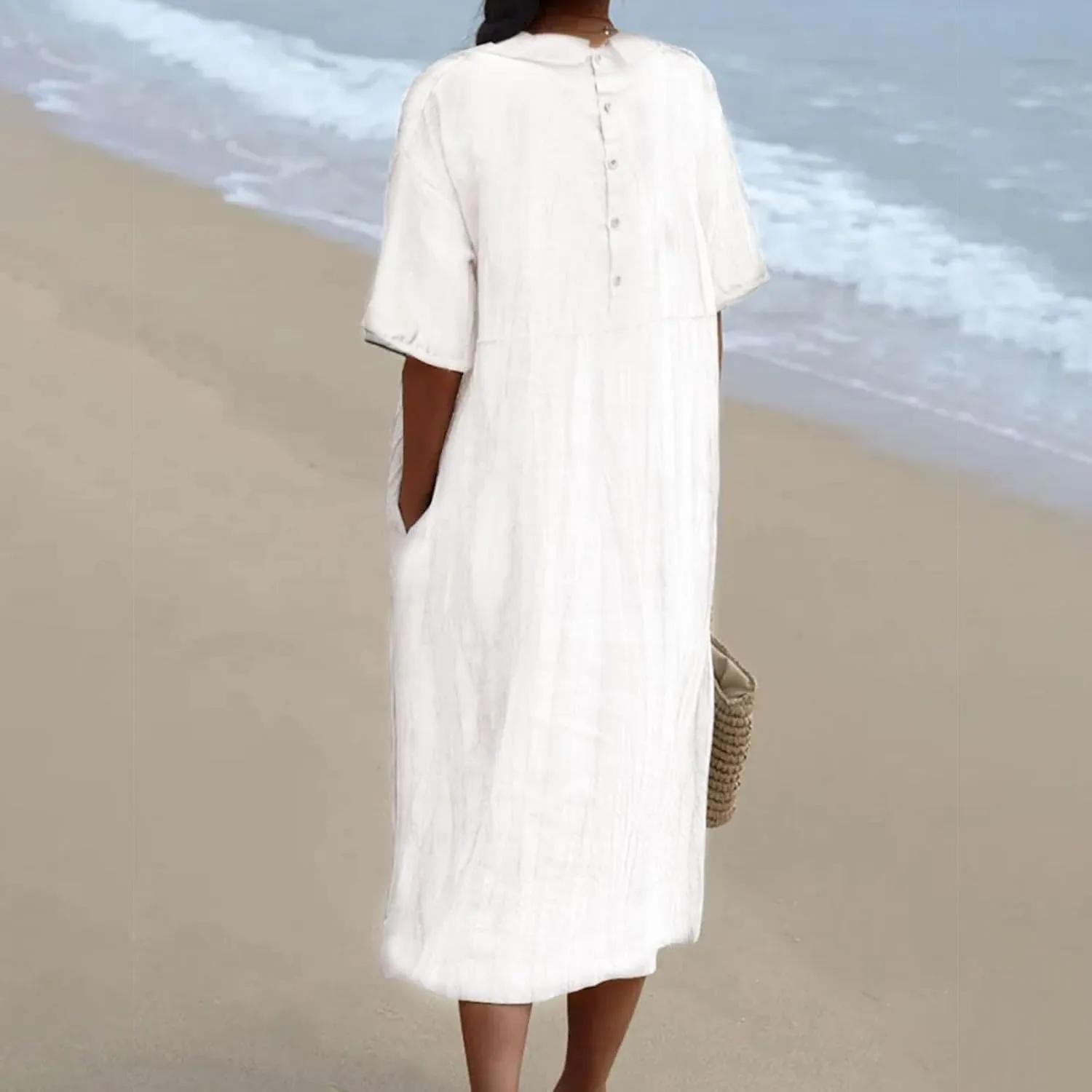 Cotton Linen Long Dress for Women Lapel Neck Short Sleeve Midi Dress Plus Size Maxi Dresses Beach Vacation Sundresses