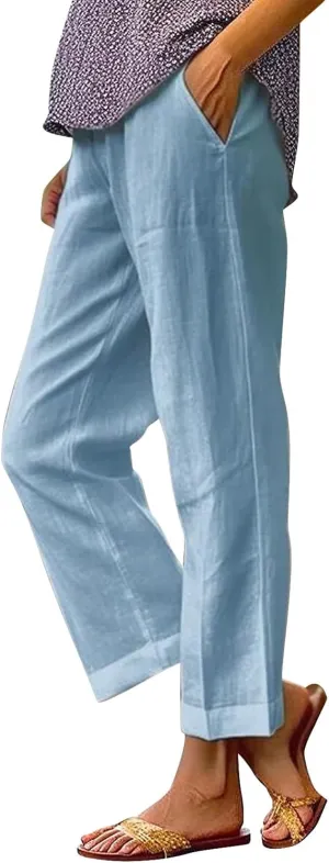 Cotton Linen Pants Women Summer Elastic Waist Palazzo Pants Plus Size Straight Leg Slack Casual Trouser with Pockets