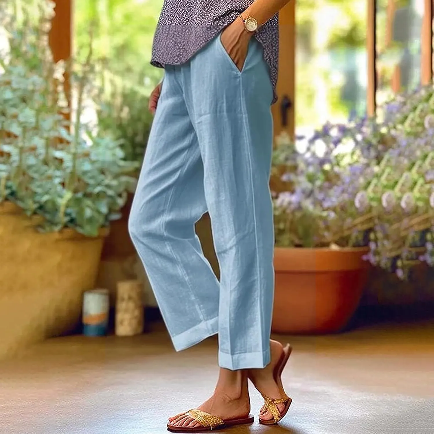 Cotton Linen Pants Women Summer Elastic Waist Palazzo Pants Plus Size Straight Leg Slack Casual Trouser with Pockets