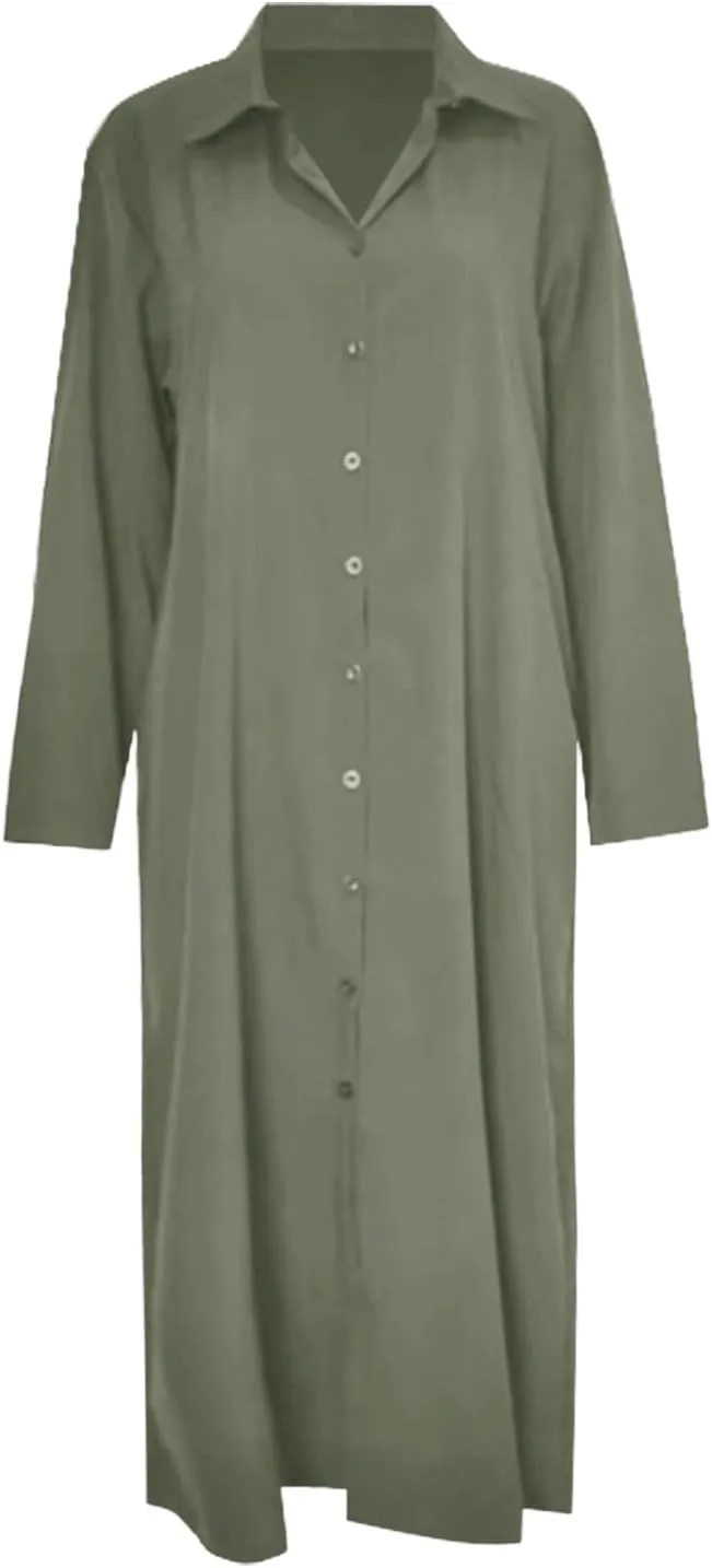 Cotton Linen Shirt Dresses for Women 2025 Long Sleeve Button Down Maxi Dresses Casual Loose Lapel Outdoor Swing Sundress