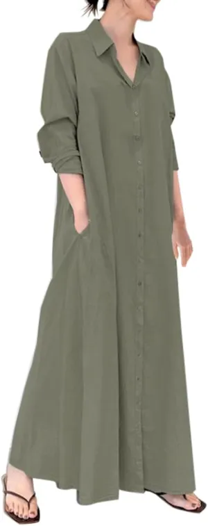 Cotton Linen Shirt Dresses for Women 2025 Long Sleeve Button Down Maxi Dresses Casual Loose Lapel Outdoor Swing Sundress