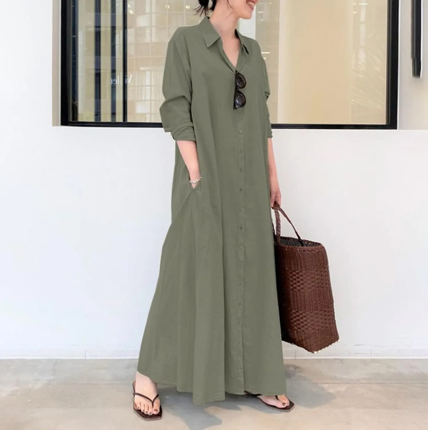 Cotton Linen Shirt Dresses for Women 2025 Long Sleeve Button Down Maxi Dresses Casual Loose Lapel Outdoor Swing Sundress