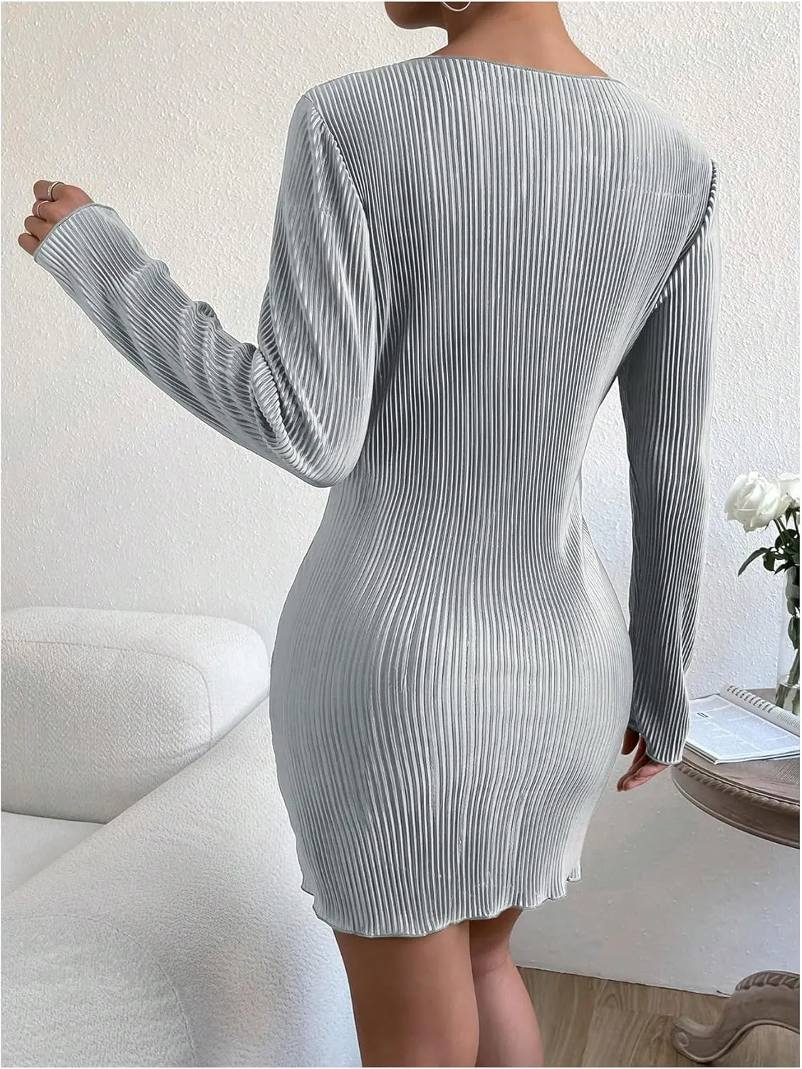 COZYEASE Women's Lettuce Trim Boat Neck Dress Elegant Bodycon Long Sleeve Pencil Mini Dress