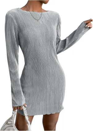 COZYEASE Women's Lettuce Trim Boat Neck Dress Elegant Bodycon Long Sleeve Pencil Mini Dress
