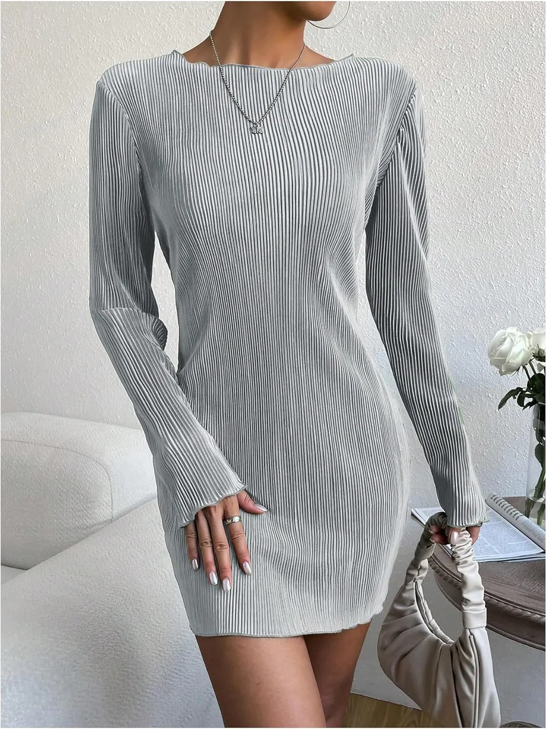 COZYEASE Women's Lettuce Trim Boat Neck Dress Elegant Bodycon Long Sleeve Pencil Mini Dress