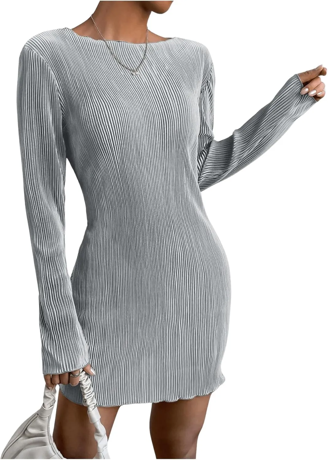 COZYEASE Women's Lettuce Trim Boat Neck Dress Elegant Bodycon Long Sleeve Pencil Mini Dress