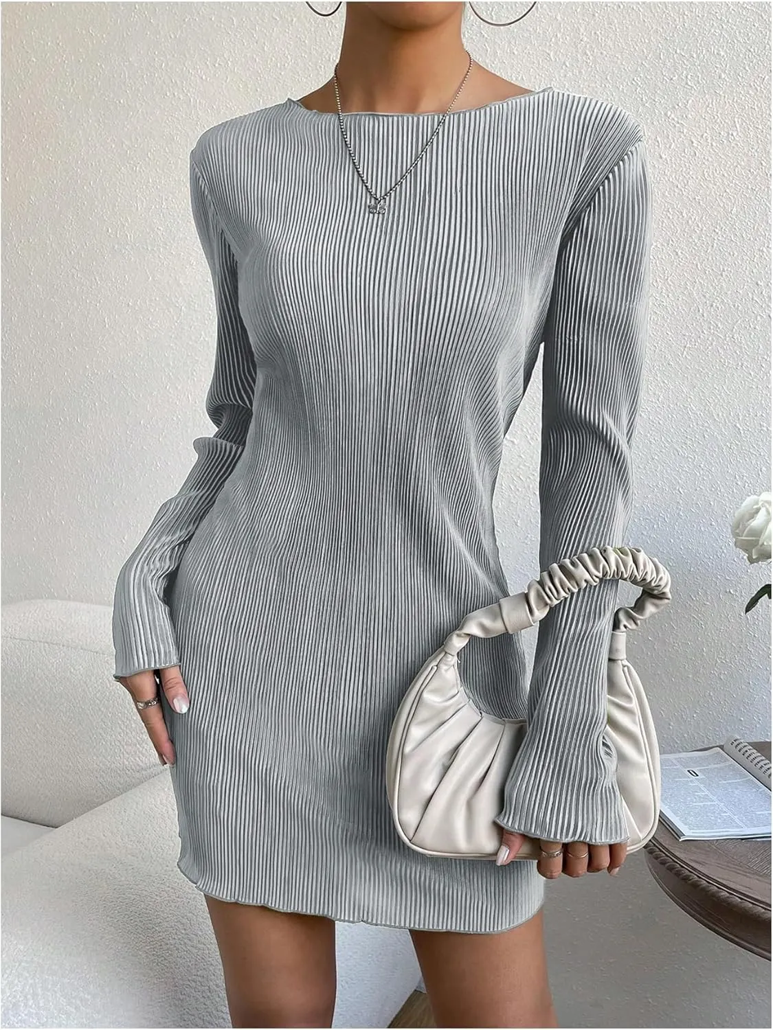 COZYEASE Women's Lettuce Trim Boat Neck Dress Elegant Bodycon Long Sleeve Pencil Mini Dress