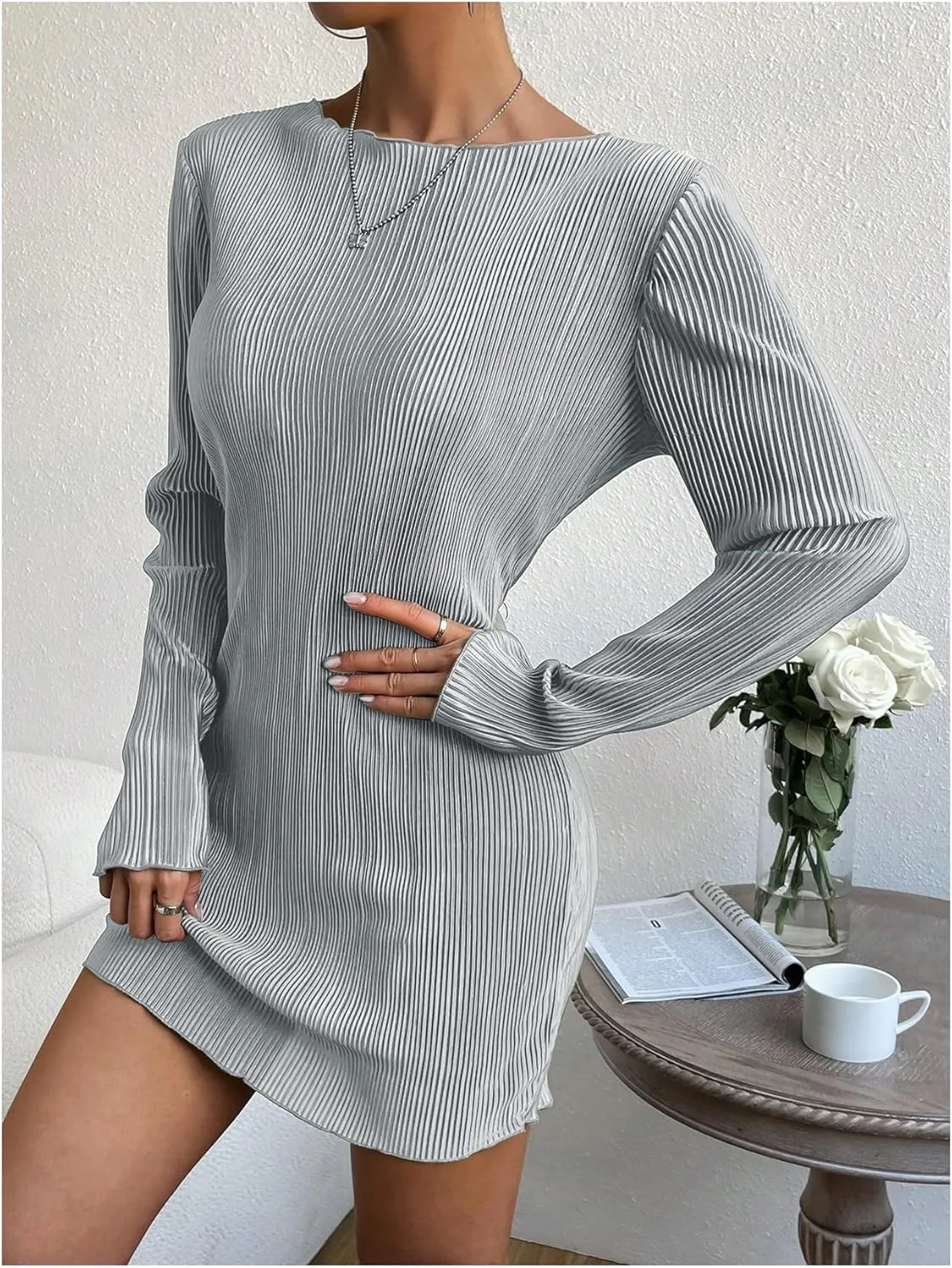 COZYEASE Women's Lettuce Trim Boat Neck Dress Elegant Bodycon Long Sleeve Pencil Mini Dress