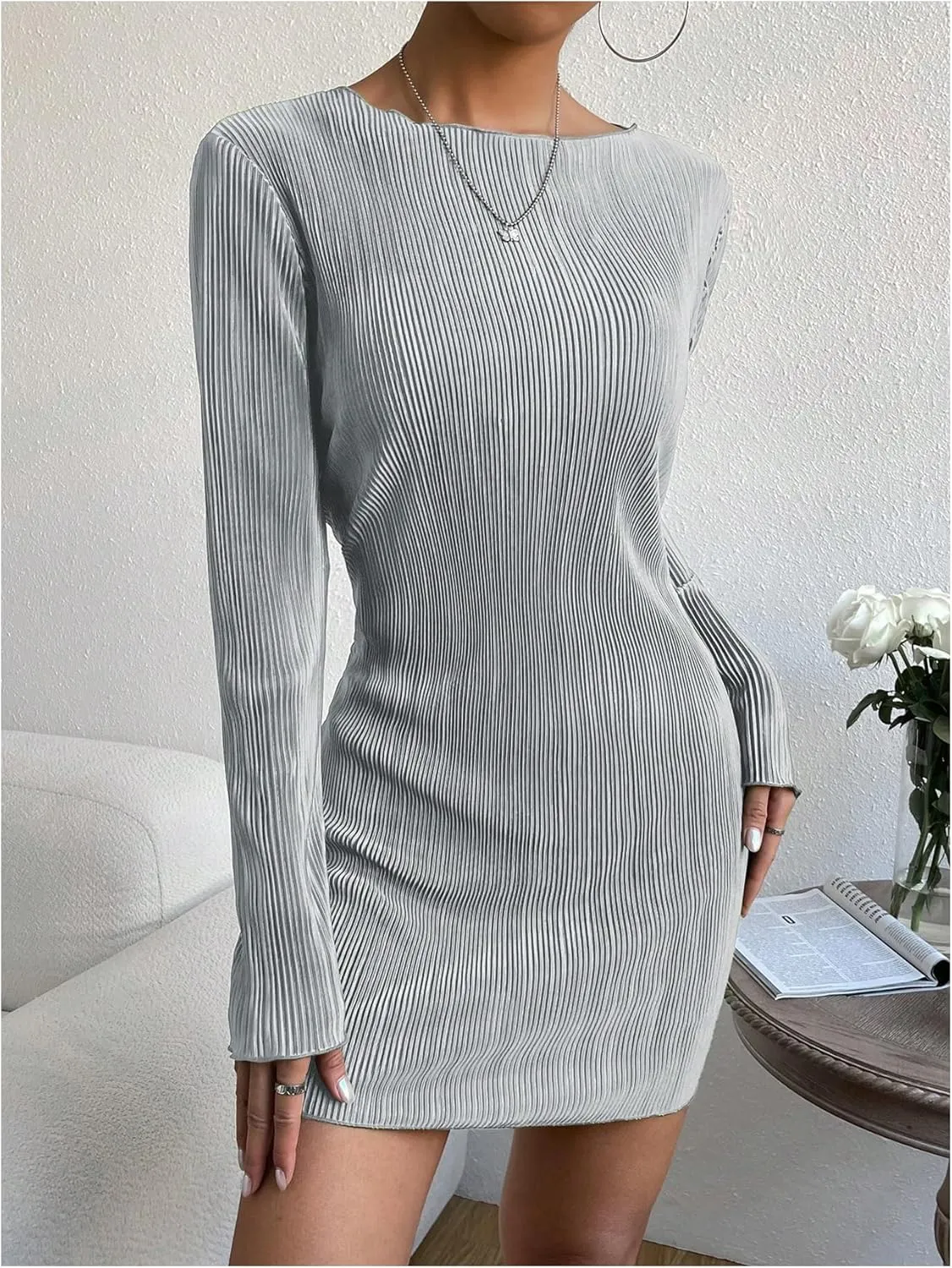 COZYEASE Women's Lettuce Trim Boat Neck Dress Elegant Bodycon Long Sleeve Pencil Mini Dress