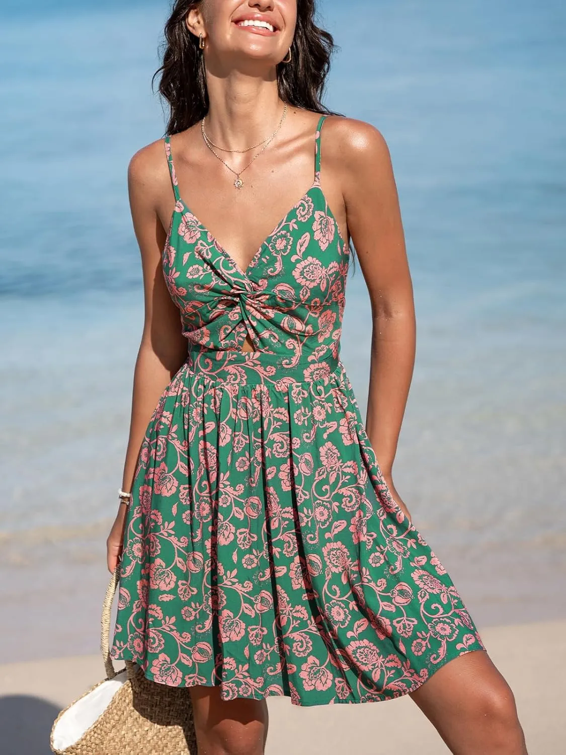 CUPSHE Women's Mini Dress Floral Twisted V Neck Sleeveless Short Dress Pleated Self Tie Back Mini Dress