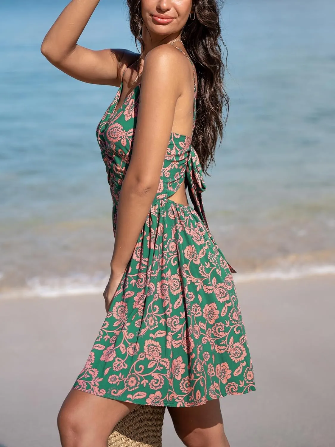 CUPSHE Women's Mini Dress Floral Twisted V Neck Sleeveless Short Dress Pleated Self Tie Back Mini Dress